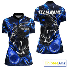 Load image into Gallery viewer, Blue flame panther quarter zip bowling shirt for women, custom bowling team jersey and tournament apparel.