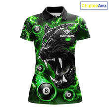 Load image into Gallery viewer, Green flaming panther 8 ball custom billiard polo shirt for men, personalized pool team jersey for tournaments.