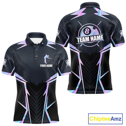 Holographic 8 Ball Pool Billiard Polo Shirt Featuring a Vibrant Iridescent Design for Custom Team Jerseys, League Competition, and Tournament Events