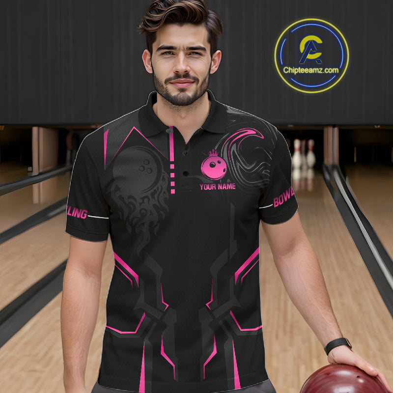 Pink And Black Custom Crown Bowling Ball Polo, Quarter Zip Shirts For Men, Bowling Team Jerseys TDM7318