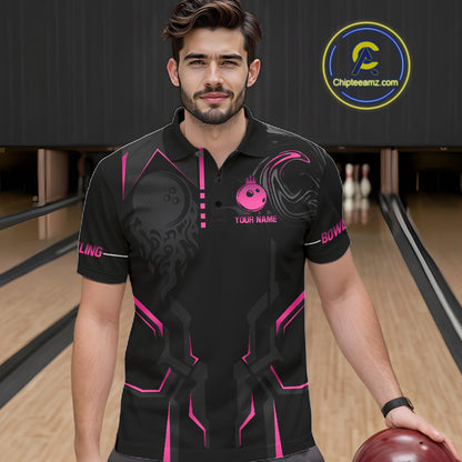 Pink And Black Custom Crown Bowling Ball Polo, Quarter Zip Shirts For Men, Bowling Team Jerseys TDM7318