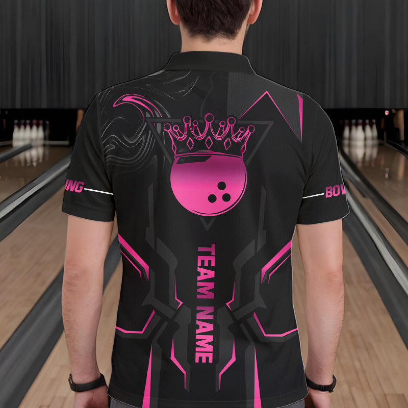 Pink And Black Custom Crown Bowling Ball Polo, Quarter Zip Shirts For Men, Bowling Team Jerseys TDM7318