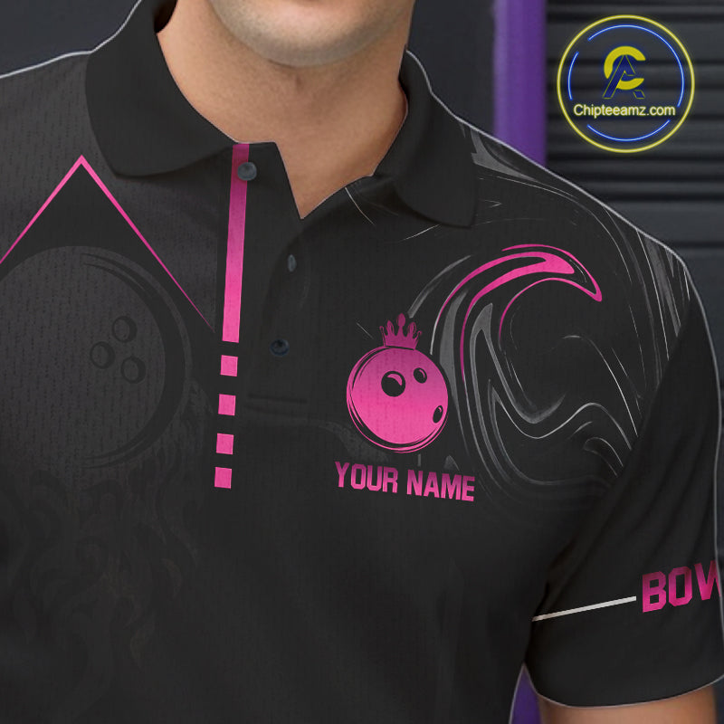 Pink And Black Custom Crown Bowling Ball Polo, Quarter Zip Shirts For Men, Bowling Team Jerseys TDM7318