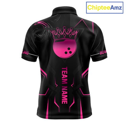 Pink And Black Custom Crown Bowling Ball Polo, Quarter Zip Shirts For Men, Bowling Team Jerseys TDM7318