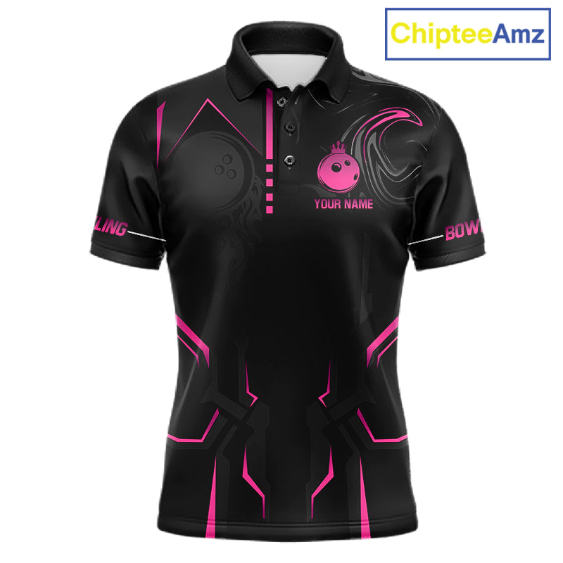Pink And Black Custom Crown Bowling Ball Polo, Quarter Zip Shirts For Men, Bowling Team Jerseys TDM7318