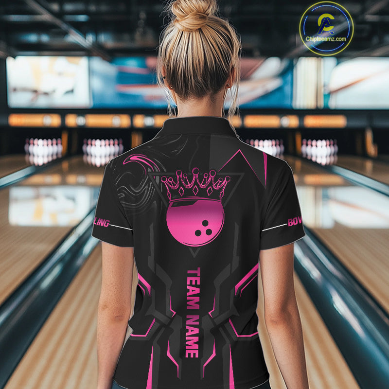 Pink And Black Custom Crown Bowling Ball Polo, Quarter Zip Shirts For Women, Bowling Team Jerseys TDM7318