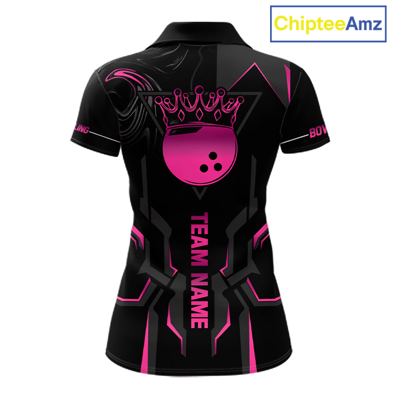 Pink And Black Custom Crown Bowling Ball Polo, Quarter Zip Shirts For Women, Bowling Team Jerseys TDM7318