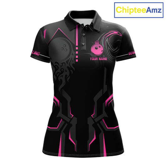 Pink And Black Custom Crown Bowling Ball Polo, Quarter Zip Shirts For Women, Bowling Team Jerseys TDM7318