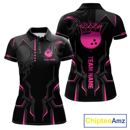 Pink And Black Custom Crown Bowling Ball Polo, Quarter Zip Shirts For Women, Bowling Team Jerseys TDM7318