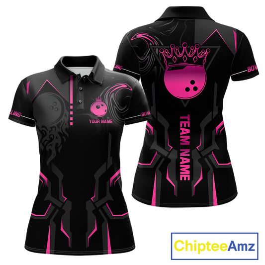 Pink And Black Custom Crown Bowling Ball Polo, Quarter Zip Shirts For Women, Bowling Team Jerseys TDM7318
