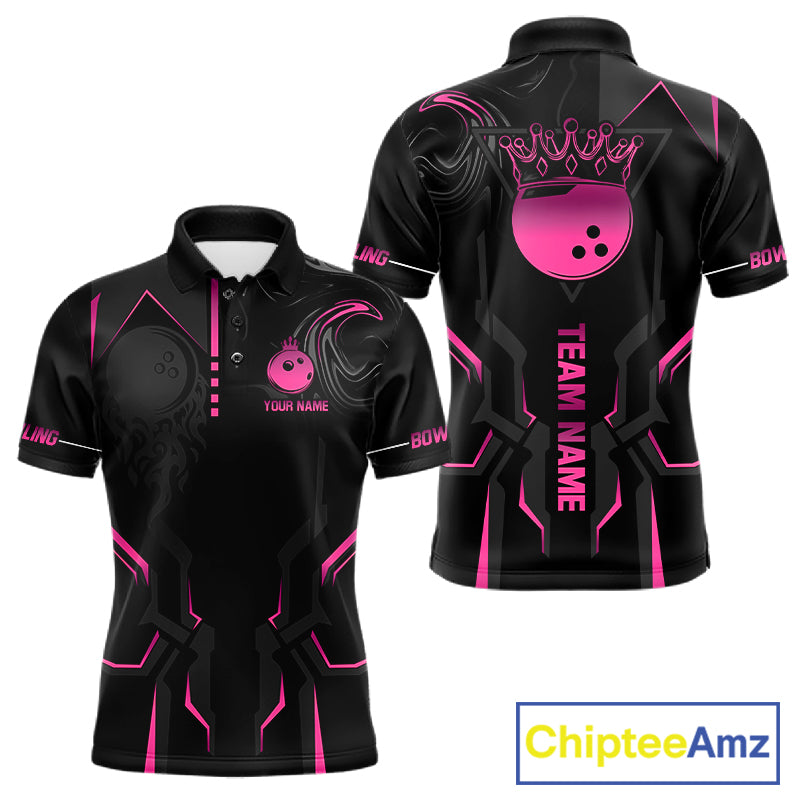 Pink And Black Custom Crown Bowling Ball Polo, Quarter Zip Shirts For Men, Bowling Team Jerseys TDM7318