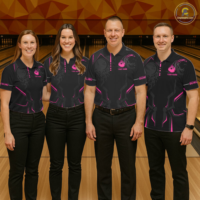 Pink And Black Custom Crown Bowling Ball Polo, Quarter Zip Shirts For Women, Bowling Team Jerseys TDM7318
