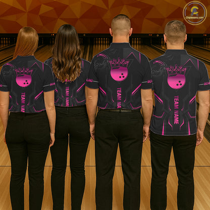Pink And Black Custom Crown Bowling Ball Polo, Quarter Zip Shirts For Women, Bowling Team Jerseys TDM7318