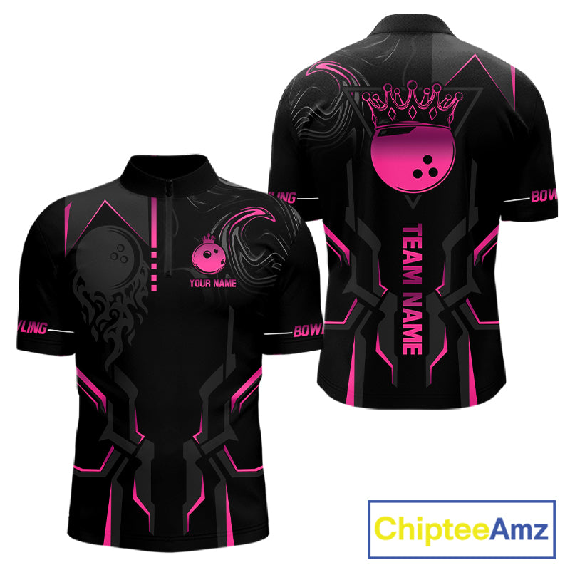 Pink And Black Custom Crown Bowling Ball Polo, Quarter Zip Shirts For Men, Bowling Team Jerseys TDM7318