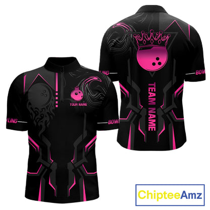 Pink And Black Custom Crown Bowling Ball Polo, Quarter Zip Shirts For Men, Bowling Team Jerseys TDM7318
