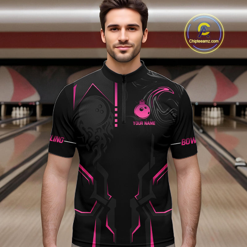Pink And Black Custom Crown Bowling Ball Polo, Quarter Zip Shirts For Men, Bowling Team Jerseys TDM7318