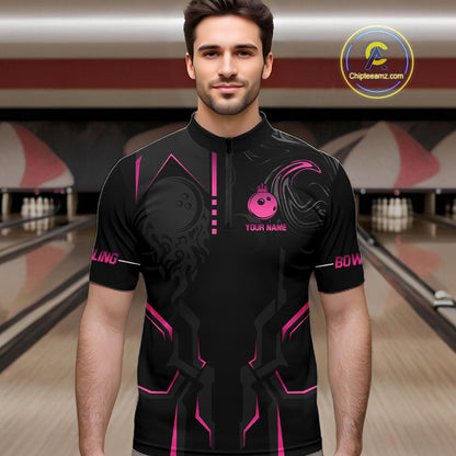 Pink And Black Custom Crown Bowling Ball Polo, Quarter Zip Shirts For Men, Bowling Team Jerseys TDM7318