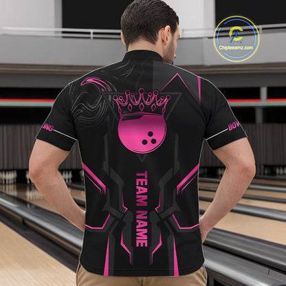 Pink And Black Custom Crown Bowling Ball Polo, Quarter Zip Shirts For Men, Bowling Team Jerseys TDM7318