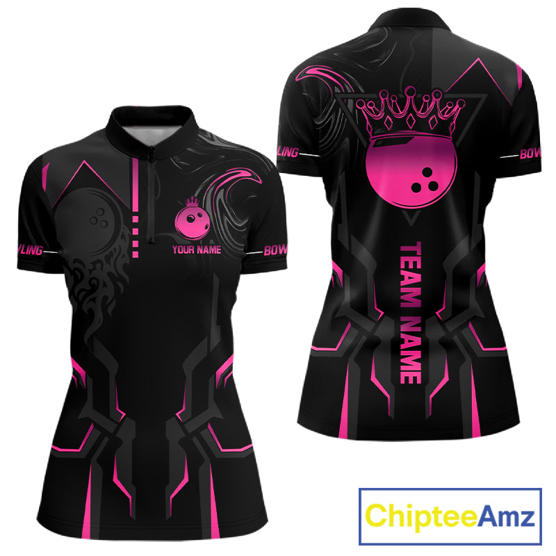 Pink And Black Custom Crown Bowling Ball Polo, Quarter Zip Shirts For Women, Bowling Team Jerseys TDM7318