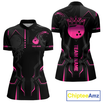 Pink And Black Custom Crown Bowling Ball Polo, Quarter Zip Shirts For Women, Bowling Team Jerseys TDM7318