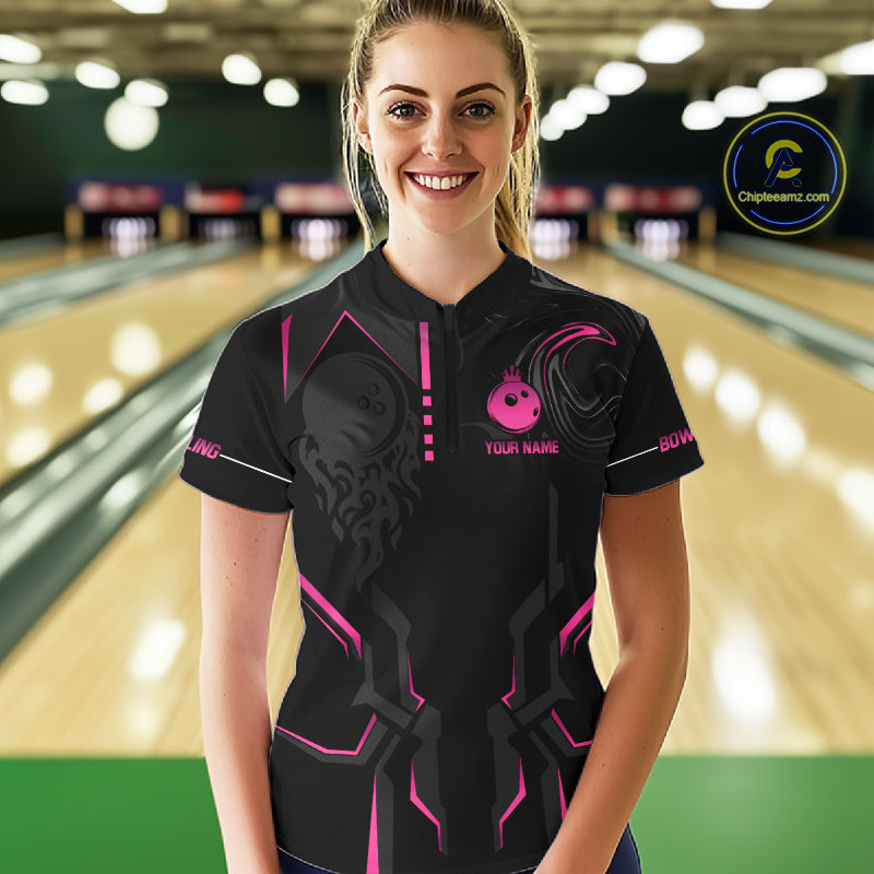 Pink And Black Custom Crown Bowling Ball Polo, Quarter Zip Shirts For Women, Bowling Team Jerseys TDM7318