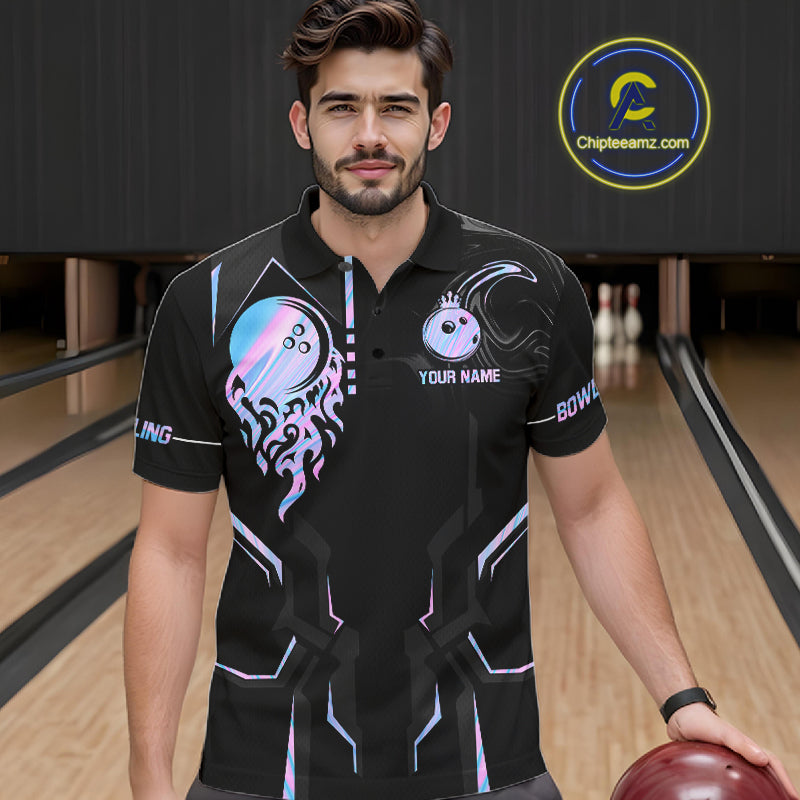 Black And Holographic Crown Bowling Ball Polo, 1/4 Zip Shirts For Men Custom Bowling Team Jerseys TDM7319
