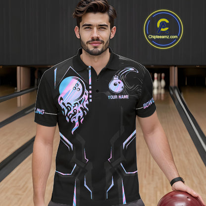 Black And Holographic Crown Bowling Ball Polo, 1/4 Zip Shirts For Men Custom Bowling Team Jerseys TDM7319
