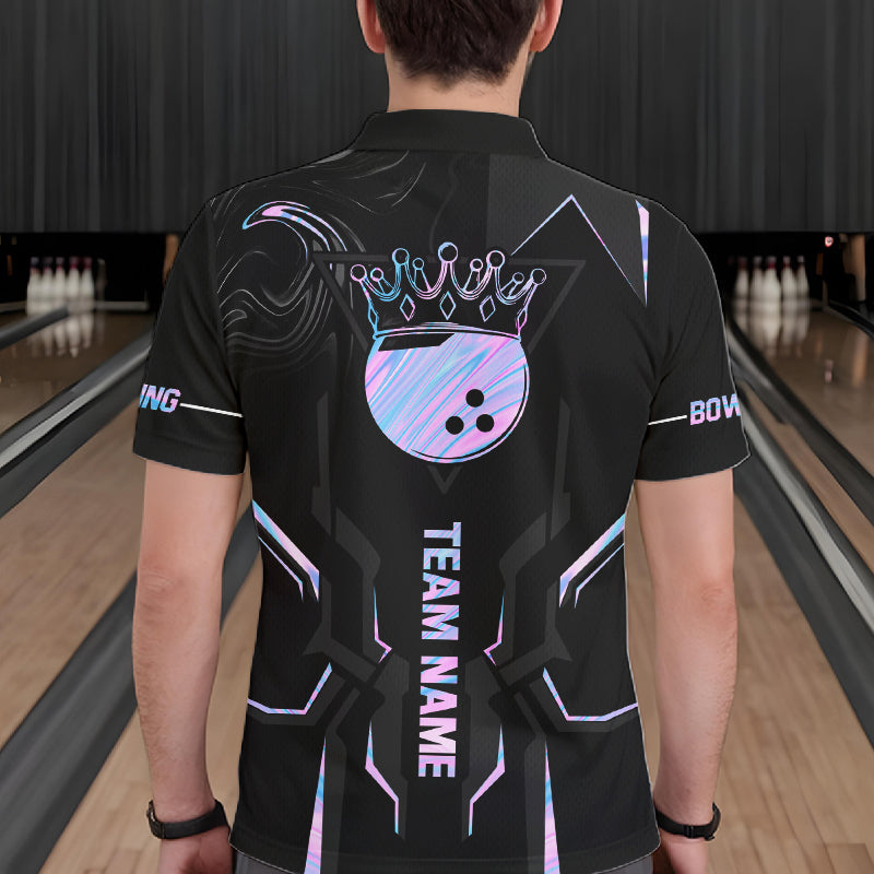 Black And Holographic Crown Bowling Ball Polo, 1/4 Zip Shirts For Men Custom Bowling Team Jerseys TDM7319