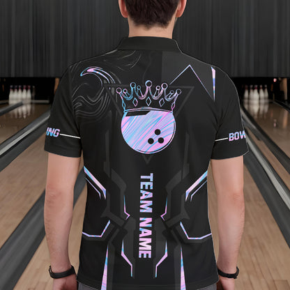 Black And Holographic Crown Bowling Ball Polo, 1/4 Zip Shirts For Men Custom Bowling Team Jerseys TDM7319