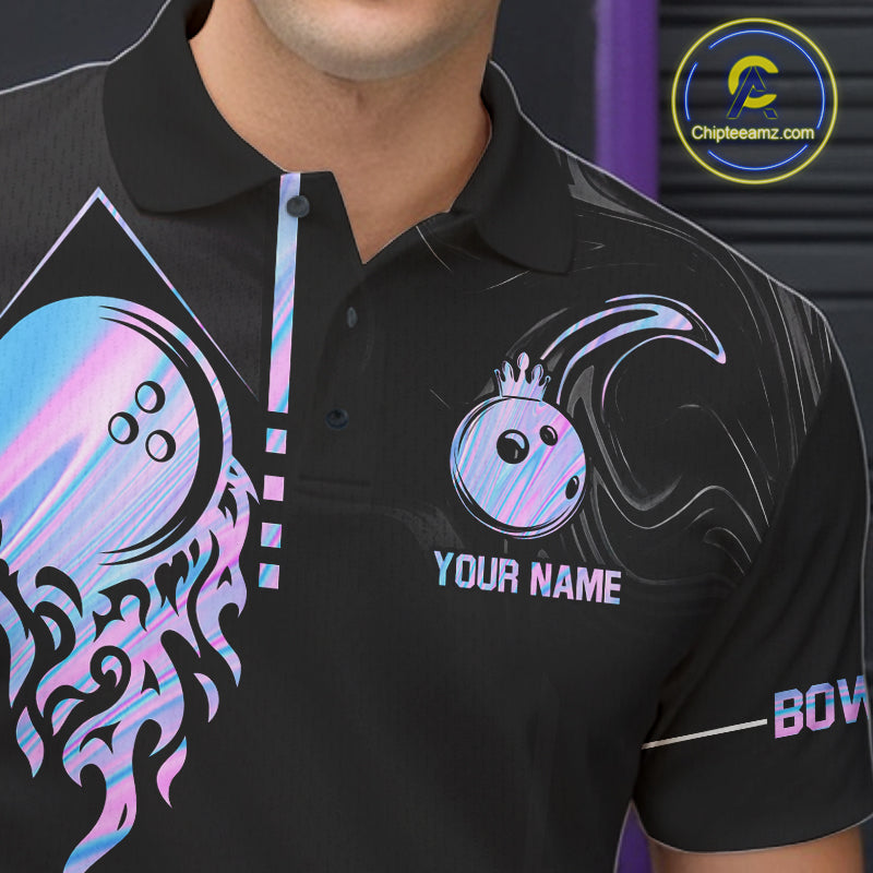 Black And Holographic Crown Bowling Ball Polo, 1/4 Zip Shirts For Men Custom Bowling Team Jerseys TDM7319