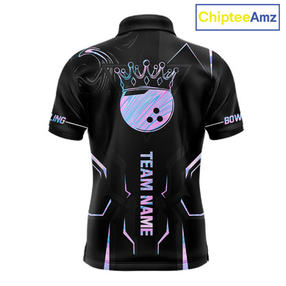 Black And Holographic Crown Bowling Ball Polo, 1/4 Zip Shirts For Men Custom Bowling Team Jerseys TDM7319