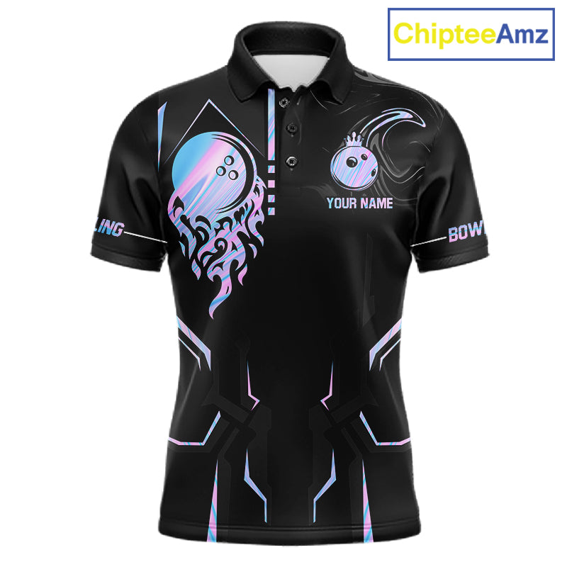 Black And Holographic Crown Bowling Ball Polo, 1/4 Zip Shirts For Men Custom Bowling Team Jerseys TDM7319