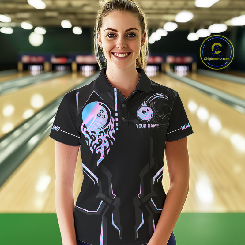 Black And Holographic Crown Bowling Ball Polo, 1/4 Zip Shirts For Women Custom Bowling Team Jerseys TDM7319