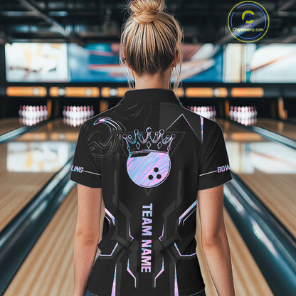 Black And Holographic Crown Bowling Ball Polo, 1/4 Zip Shirts For Women Custom Bowling Team Jerseys TDM7319