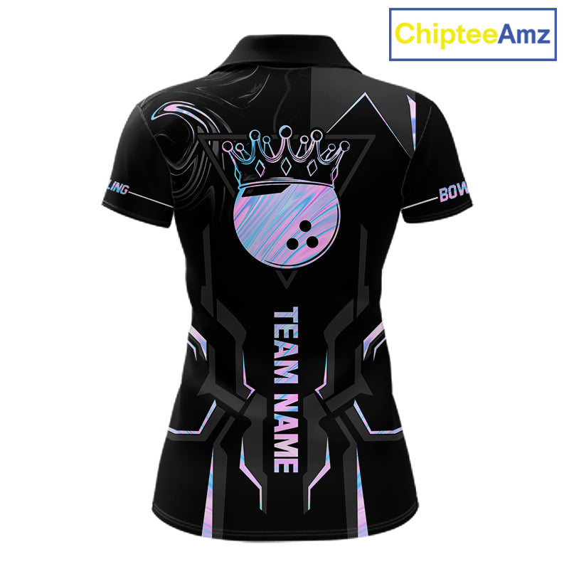 Black And Holographic Crown Bowling Ball Polo, 1/4 Zip Shirts For Women Custom Bowling Team Jerseys TDM7319