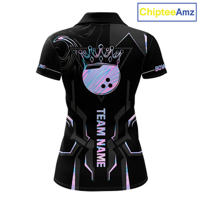 Black And Holographic Crown Bowling Ball Polo, 1/4 Zip Shirts For Women Custom Bowling Team Jerseys TDM7319