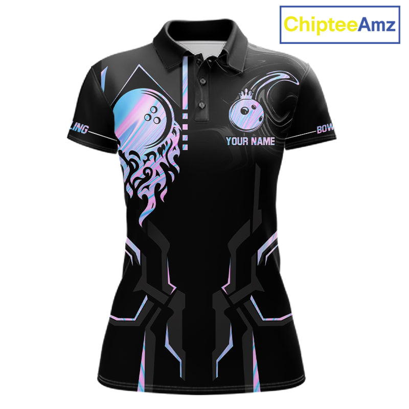 Black And Holographic Crown Bowling Ball Polo, 1/4 Zip Shirts For Women Custom Bowling Team Jerseys TDM7319