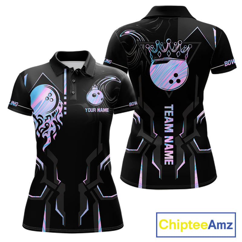 Black And Holographic Crown Bowling Ball Polo, 1/4 Zip Shirts For Women Custom Bowling Team Jerseys TDM7319