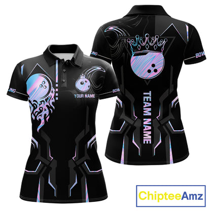 Black And Holographic Crown Bowling Ball Polo, 1/4 Zip Shirts For Women Custom Bowling Team Jerseys TDM7319