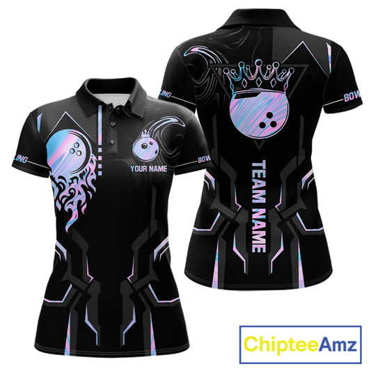 Black And Holographic Crown Bowling Ball Polo, 1/4 Zip Shirts For Women Custom Bowling Team Jerseys TDM7319
