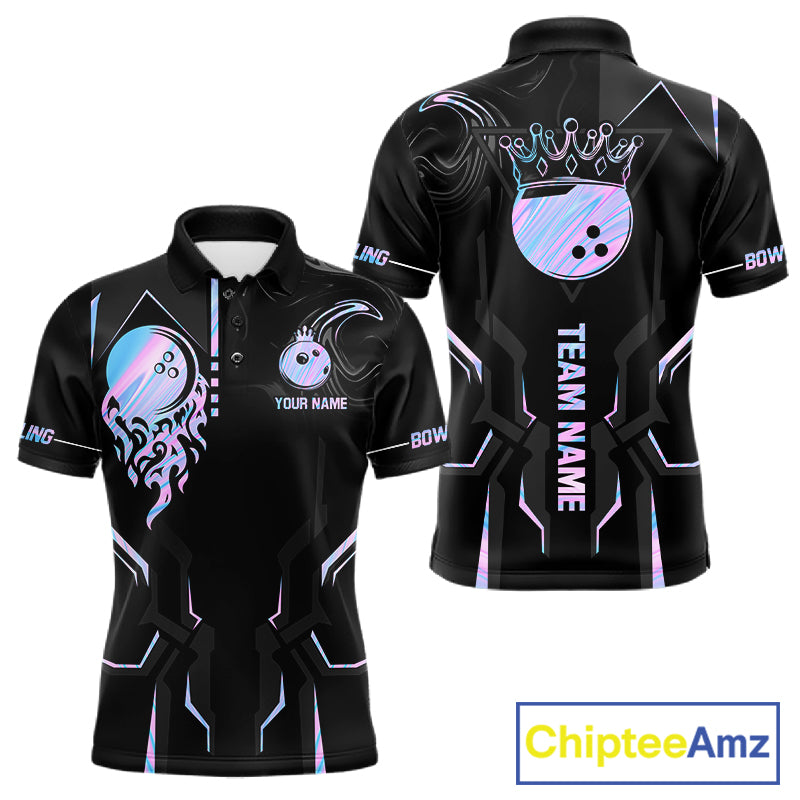Black And Holographic Crown Bowling Ball Polo, 1/4 Zip Shirts For Men Custom Bowling Team Jerseys TDM7319
