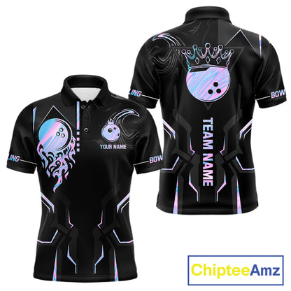 Black And Holographic Crown Bowling Ball Polo, 1/4 Zip Shirts For Men Custom Bowling Team Jerseys TDM7319