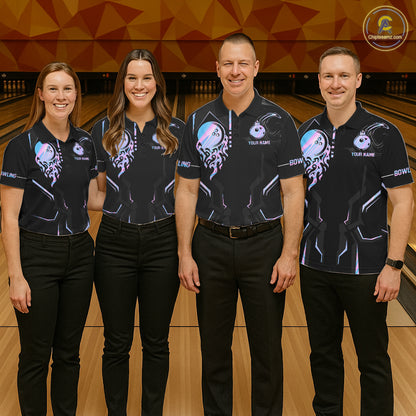 Black And Holographic Crown Bowling Ball Polo, 1/4 Zip Shirts For Women Custom Bowling Team Jerseys TDM7319