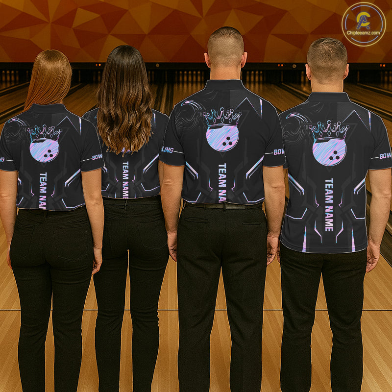 Black And Holographic Crown Bowling Ball Polo, 1/4 Zip Shirts For Women Custom Bowling Team Jerseys TDM7319