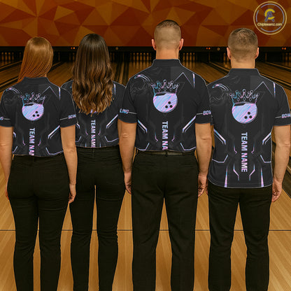 Black And Holographic Crown Bowling Ball Polo, 1/4 Zip Shirts For Women Custom Bowling Team Jerseys TDM7319
