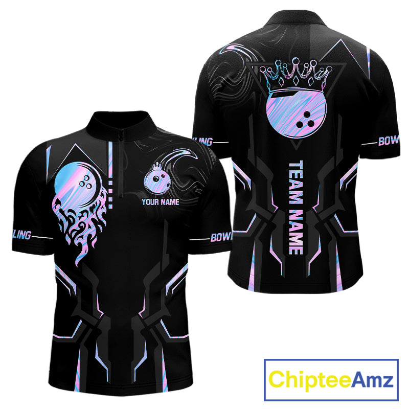 Black And Holographic Crown Bowling Ball Polo, 1/4 Zip Shirts For Men Custom Bowling Team Jerseys TDM7319