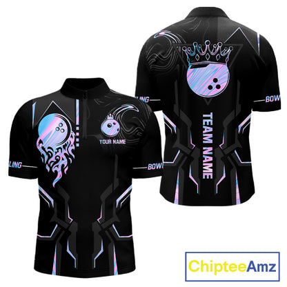 Black And Holographic Crown Bowling Ball Polo, 1/4 Zip Shirts For Men Custom Bowling Team Jerseys TDM7319