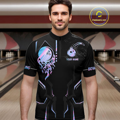 Black And Holographic Crown Bowling Ball Polo, 1/4 Zip Shirts For Men Custom Bowling Team Jerseys TDM7319