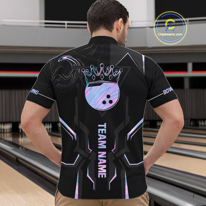 Black And Holographic Crown Bowling Ball Polo, 1/4 Zip Shirts For Men Custom Bowling Team Jerseys TDM7319