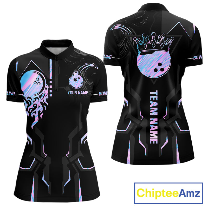 Black And Holographic Crown Bowling Ball Polo, 1/4 Zip Shirts For Women Custom Bowling Team Jerseys TDM7319